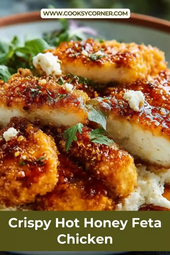 Oven baked crispy chicken with hot honey drizzle and feta cheese.