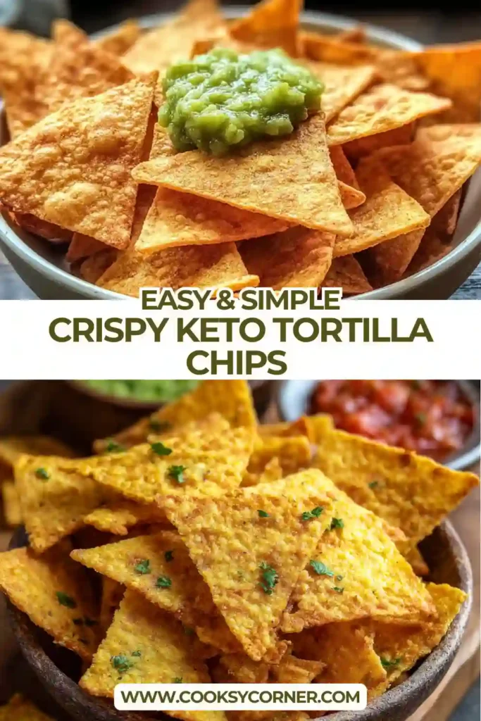 Crispy Keto Tortilla Chips baked until golden and crunchy on a parchment-lined tray. These low carb chips are made with almond flour and cheese.