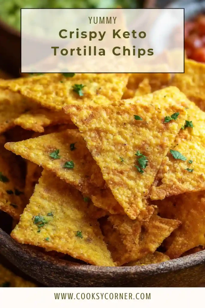Close-up of Crispy Keto Tortilla Chips with visible almond flour texture and golden edges.
