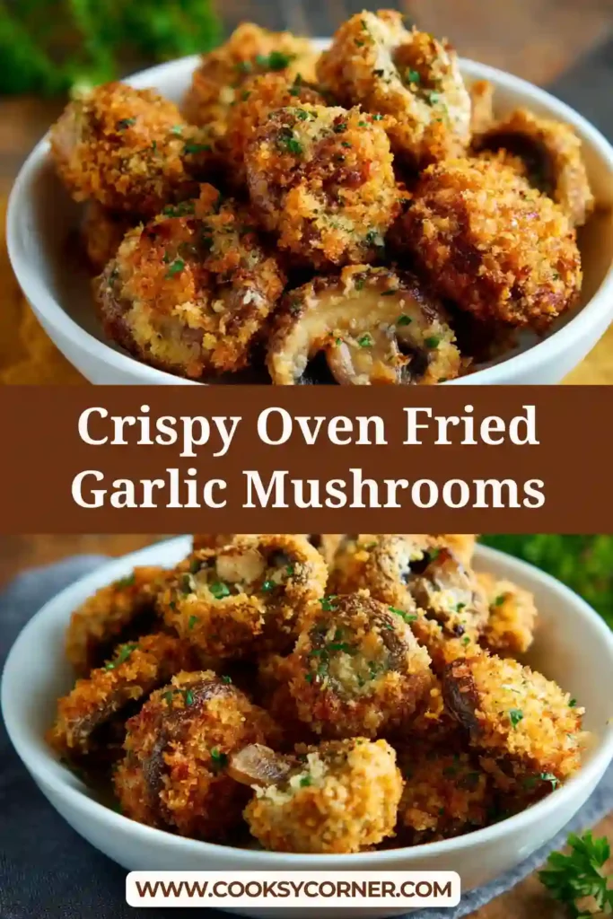 Gluten free oven fried mushrooms served warm with dipping sauce.