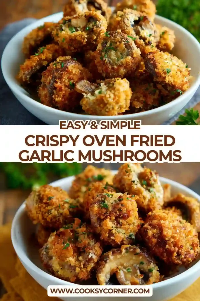 Close-up of crunchy baked garlic mushrooms with almond flour coating.