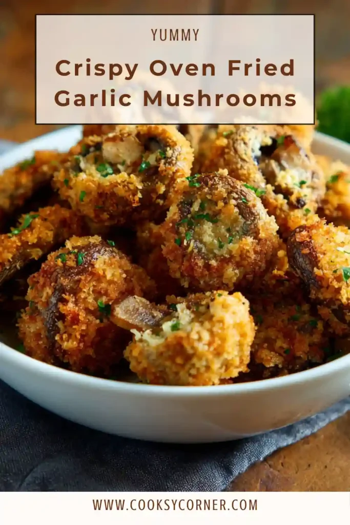 Crispy Oven Fried Garlic Mushrooms baked golden brown on a baking sheet.