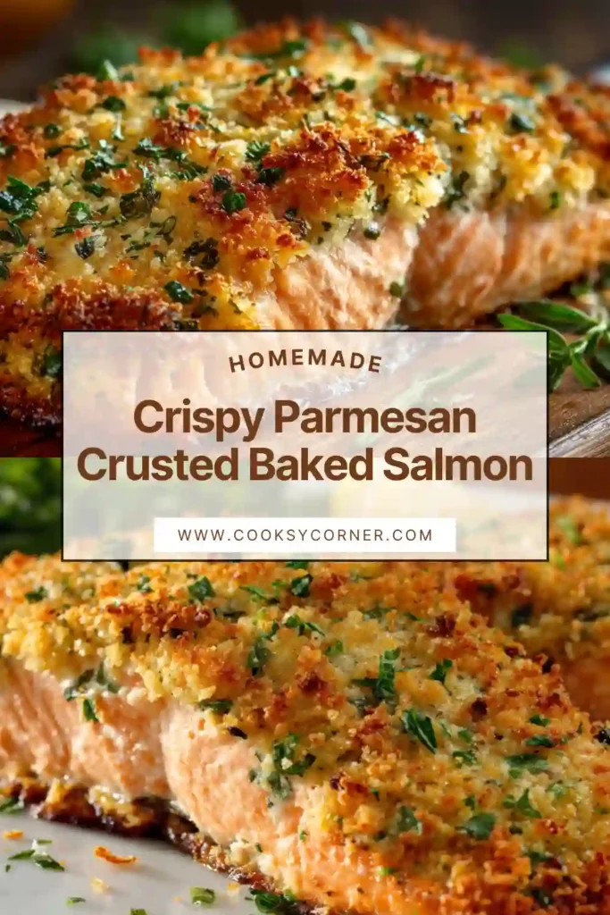 Crispy Parmesan Crusted Baked Salmon fresh from the oven with a golden cheese topping and flaky texture. This easy baked salmon recipe is perfect for dinner.