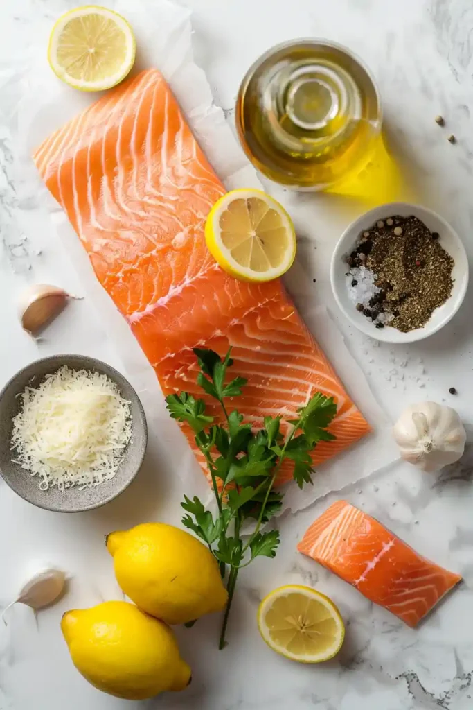 Crispy Parmesan Crusted Baked Salmon on a baking sheet with crunchy topping and juicy center, ready to serve.