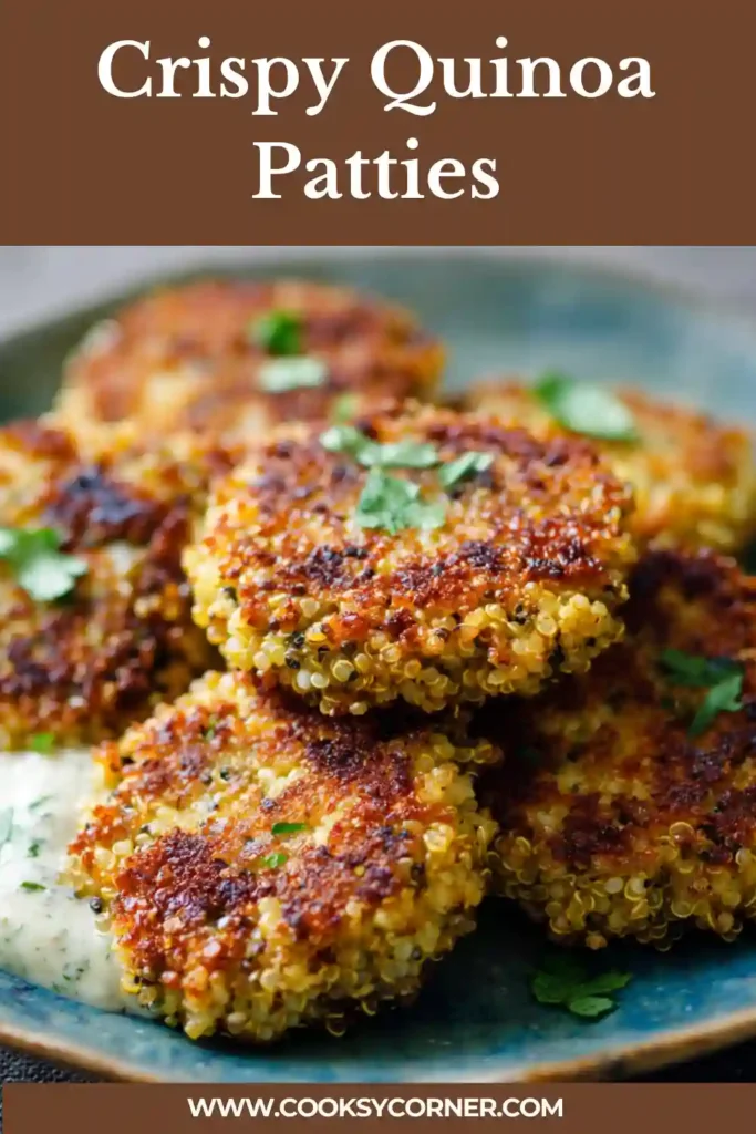 Close-up of golden crispy quinoa patties on a plate.