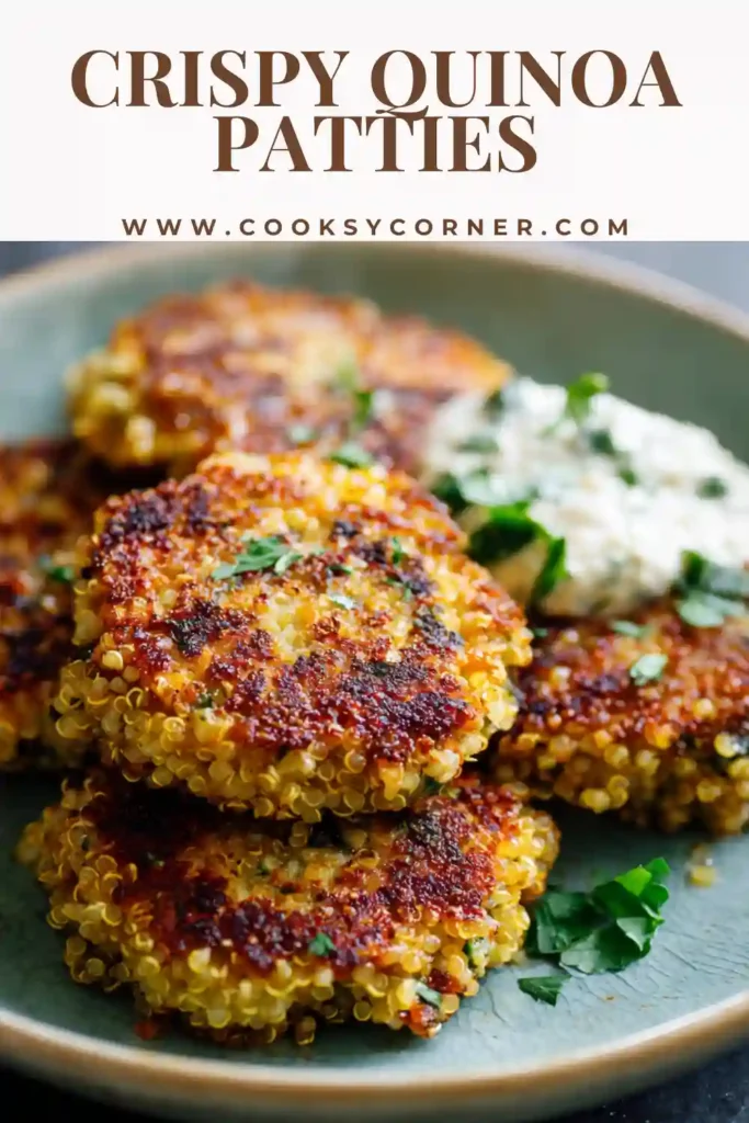 Crispy quinoa patties cooked until golden brown in a skillet.