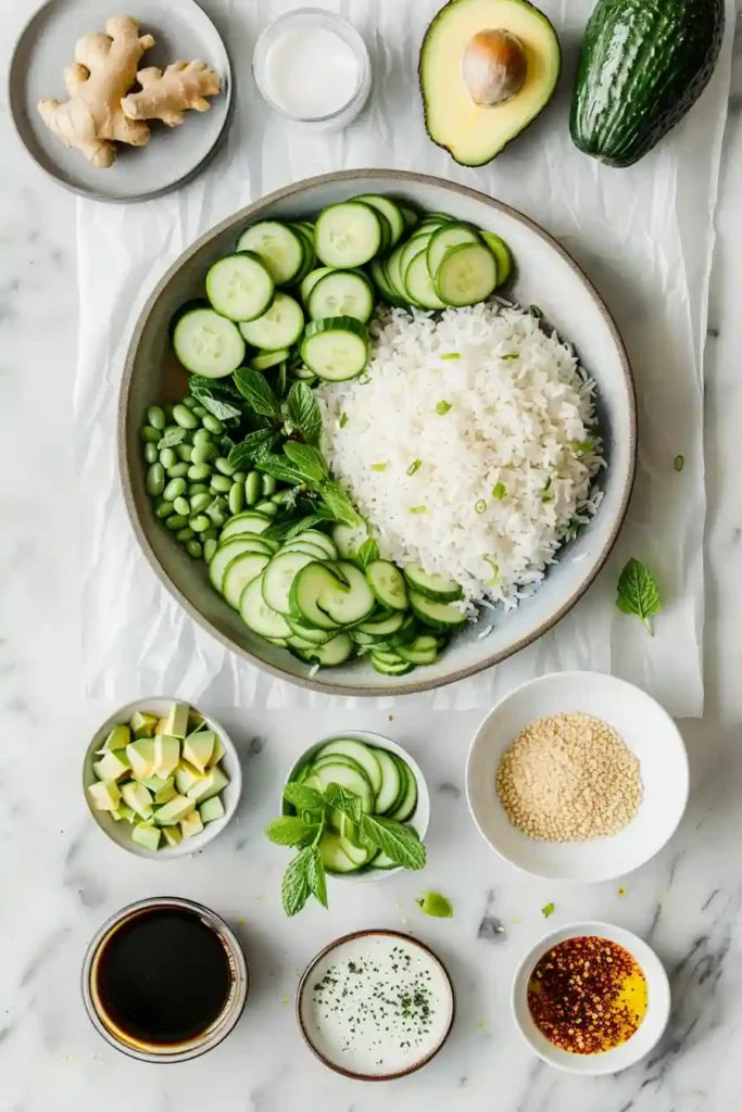 Asian-inspired crispy rice salad with sesame ginger dressing in a serving bowl ready for lunch.