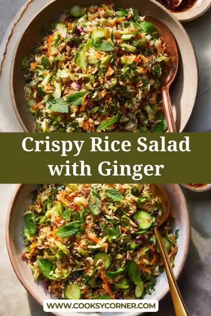 Crispy Rice Salad with Ginger-Sesame Dressing served in a large bowl with golden crunchy rice, avocado chunks, cucumbers, edamame, and fresh herbs.