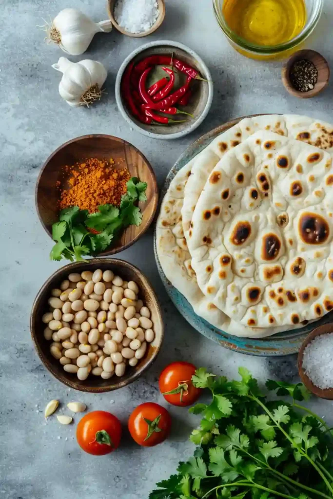 Curried butter beans plated with soft flatbreads on the side.
