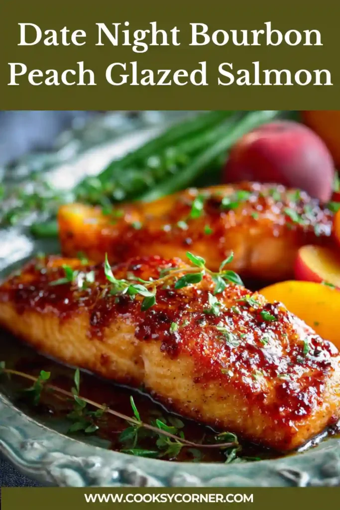 Two salmon fillets brushed with sweet and smoky peach glaze on a baking sheet before broiling. The glaze looks thick and vibrant.
