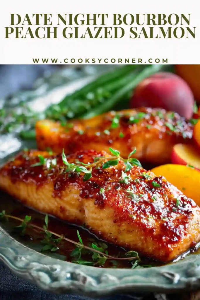 Close-up of peach glazed salmon with a sticky honey peach coating served with green beans. The glaze is slightly caramelized and golden.