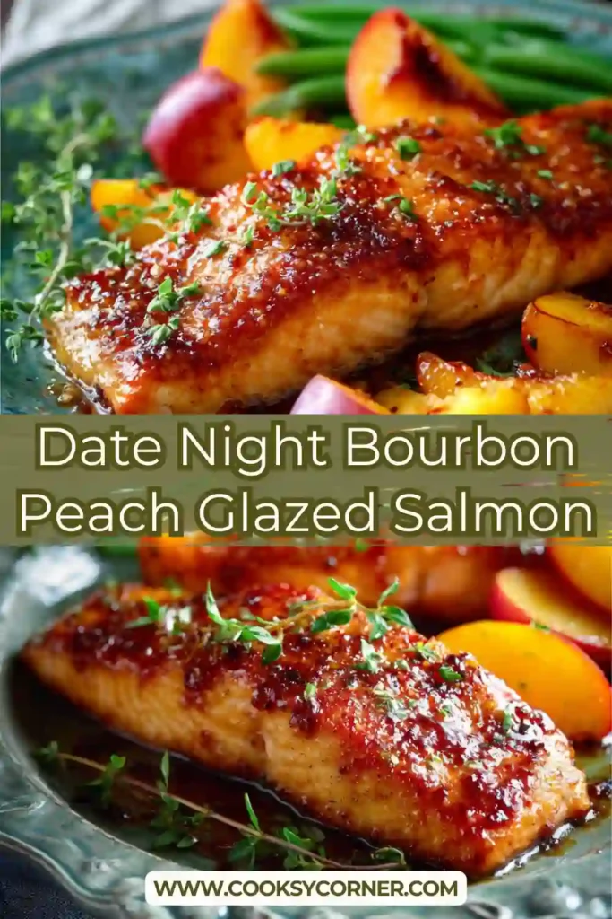 A beautifully broiled Date Night Bourbon Peach Glazed Salmon fillet topped with glossy honey peach glaze and fresh peach slices. The salmon appears tender and caramelized.