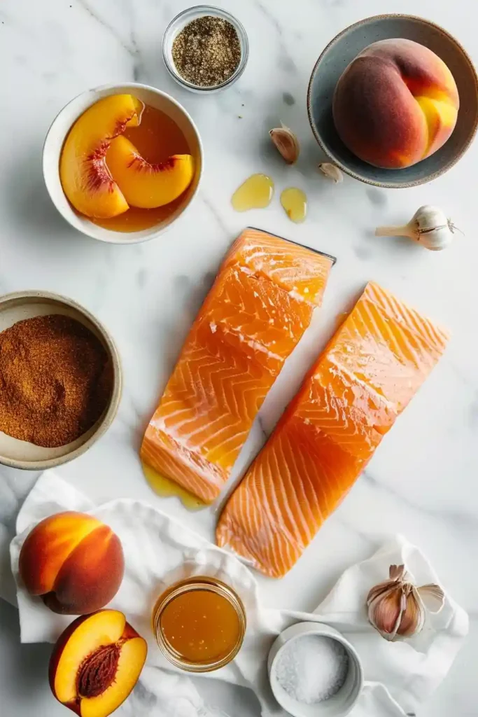 Romantic dinner plate featuring Date Night Bourbon Peach Glazed Salmon served with roasted asparagus and fresh peach slices.