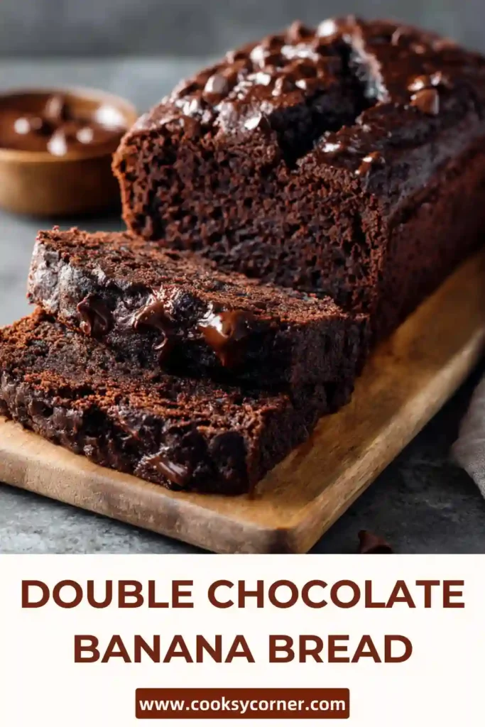 Double chocolate banana bread loaf baked until moist and topped with chocolate chips.