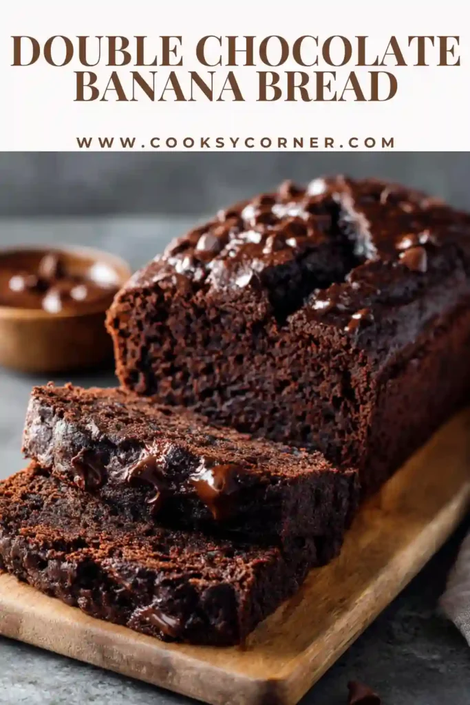 Sliced chocolate banana bread showing a soft, rich interior.