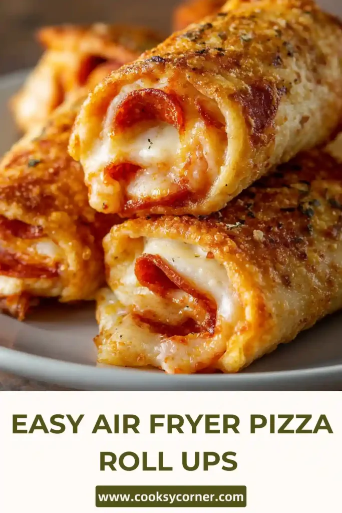 Air fryer pizza roll ups arranged on plate with dipping sauce.