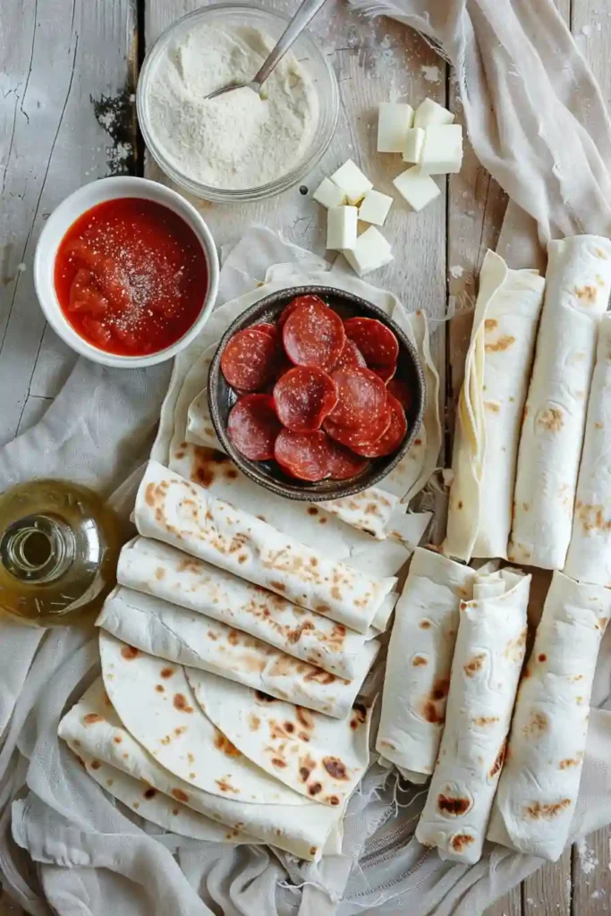 Crispy tortilla pizza roll ups sliced in half showing melted cheese center.