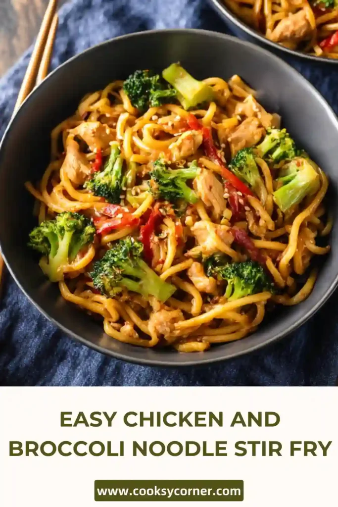 Bowl of Easy Chicken and Broccoli Noodle Stir Fry featuring juicy chicken pieces, crisp broccoli, and savory sesame sauce.