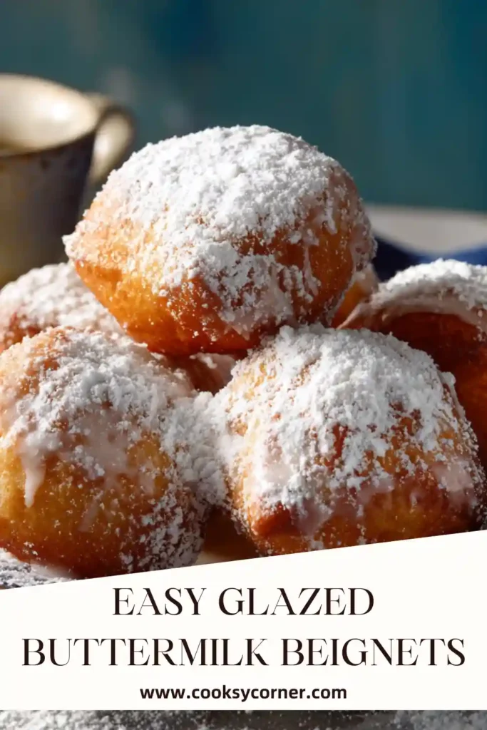 Golden brown buttermilk beignets coated in sweet glaze.