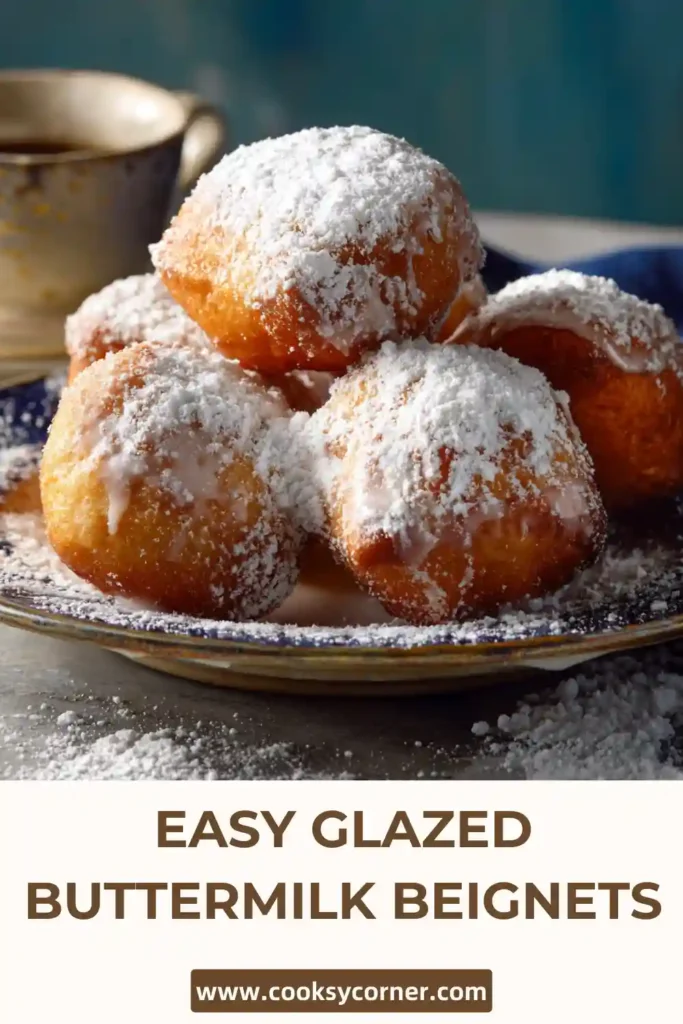 Easy Glazed Buttermilk Beignets stacked on a plate with shiny vanilla glaze dripping down the sides.