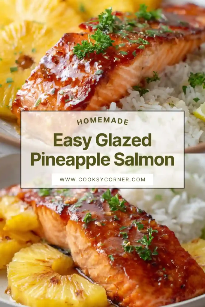 Broiled salmon fillets brushed with sweet glaze and pineapple slices.