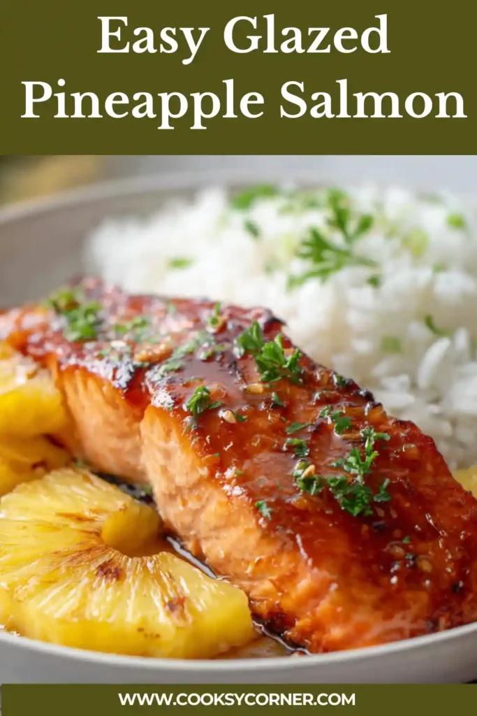 Close-up of maple glazed salmon with golden pineapple.
