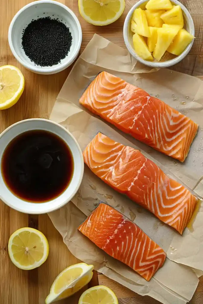 Tropical pineapple salmon served on plate with glossy glaze.