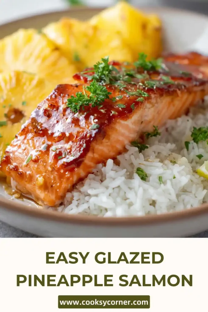 Easy Glazed Pineapple Salmon topped with caramelized pineapple slices on baking sheet.