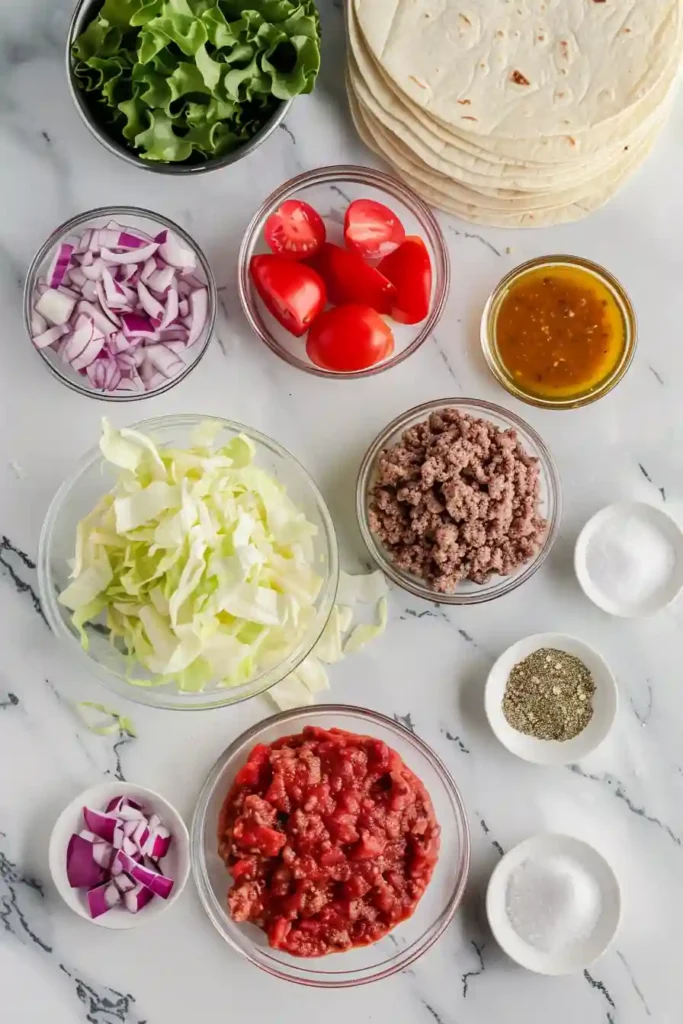 Classic beef tacos with lettuce, tomatoes, and cheese.