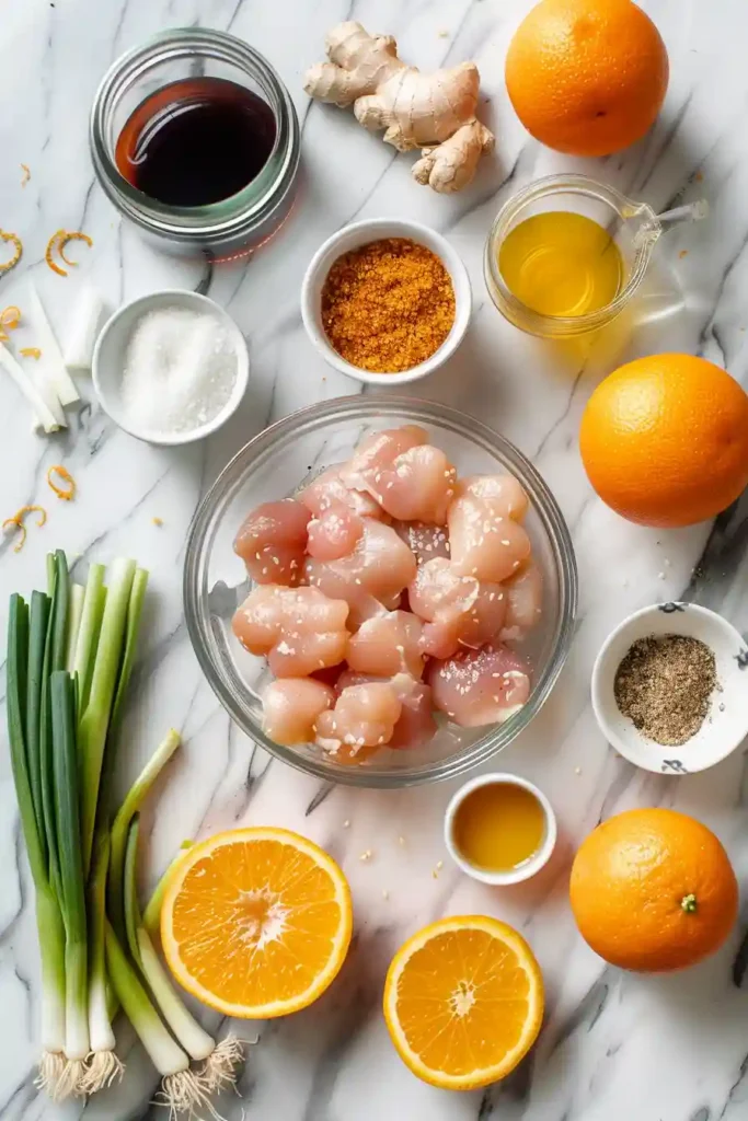 Lightened-up orange chicken served over rice with green onions.