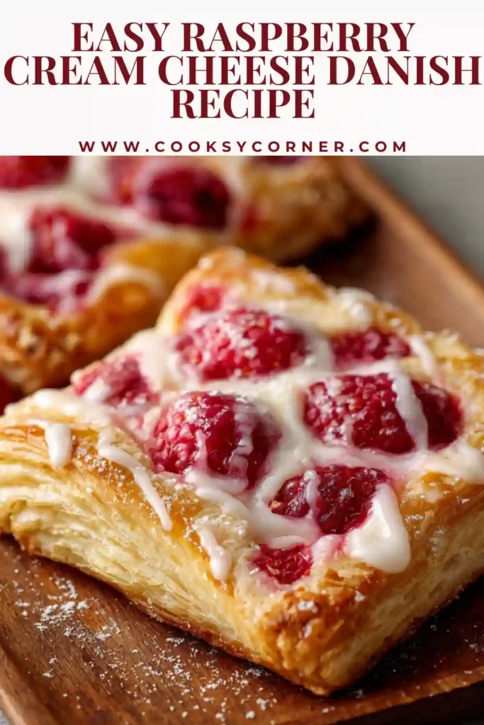 Freshly baked puff pastry danishes filled with raspberries and cream cheese on parchment-lined tray.