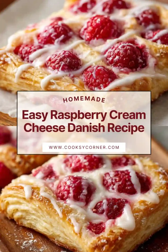 Easy Raspberry Cream Cheese Danish with golden puff pastry, creamy center, and fresh raspberries topped with vanilla icing drizzle.
