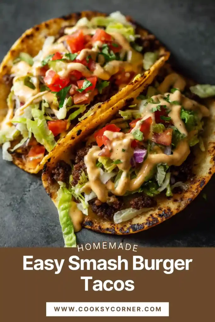 Close-up of smash burger taco with golden tortilla and juicy beef layer.