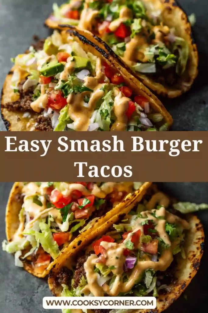 Easy Smash Burger Tacos with crispy beef, melted cheese, lettuce, onion, and pickles.