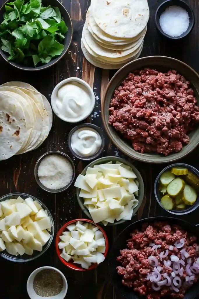 Smash burger taco folded and loaded with fresh toppings.