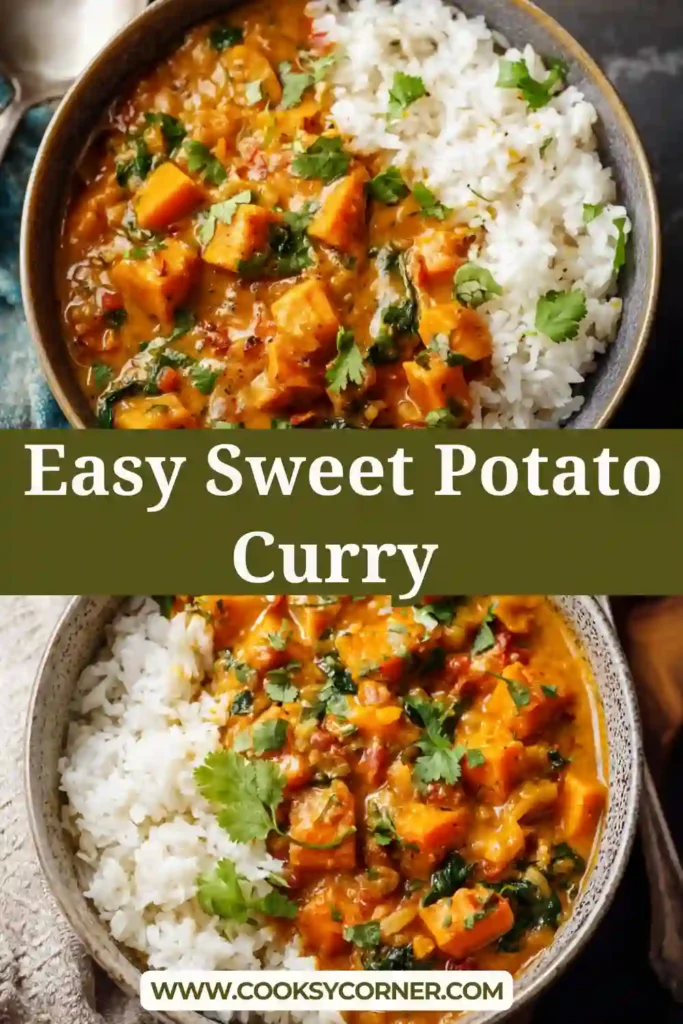Vegan sweet potato chickpea curry served hot.
