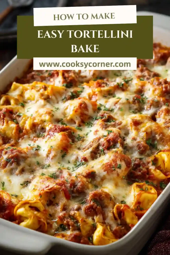 Baked cheese tortellini casserole served hot and bubbly.