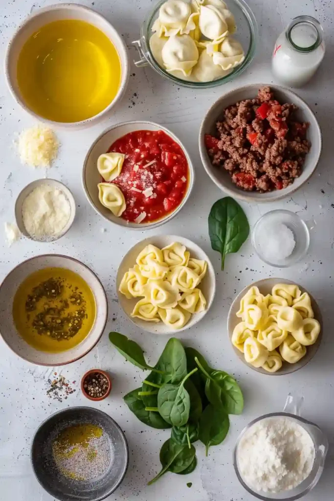 Comforting tortellini bake topped with golden melted cheese.