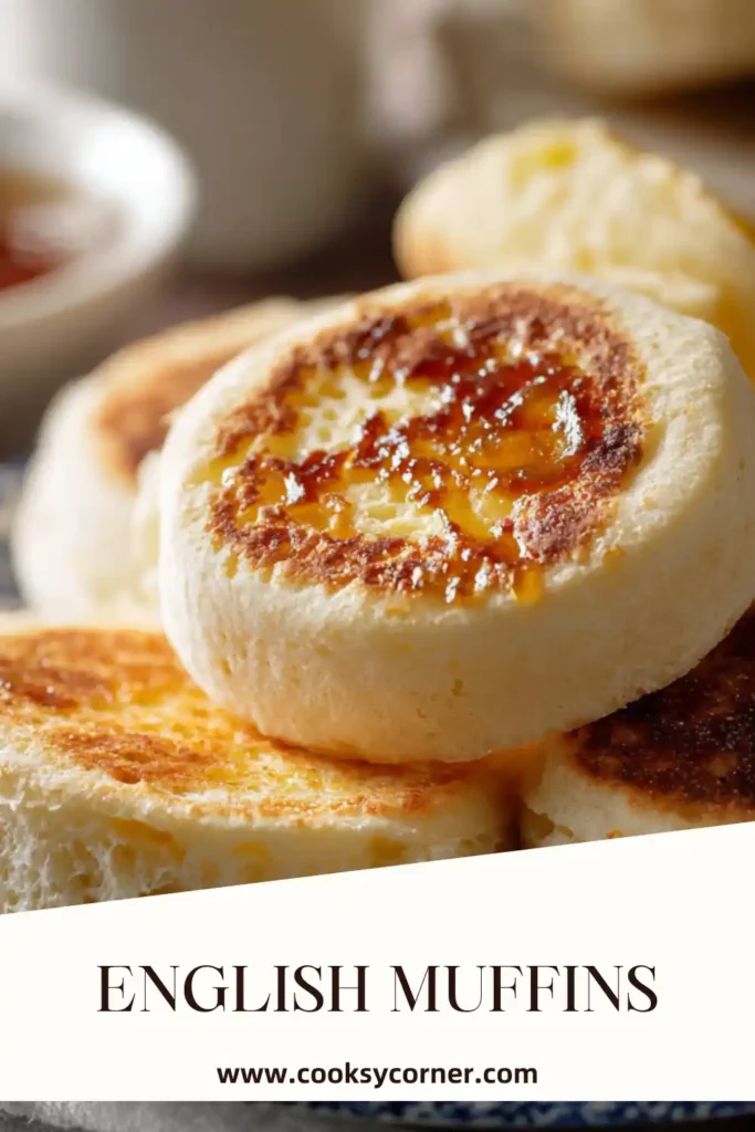 Homemade English muffins cooking in a skillet with light cornmeal dusting. Stovetop breakfast bread recipe.