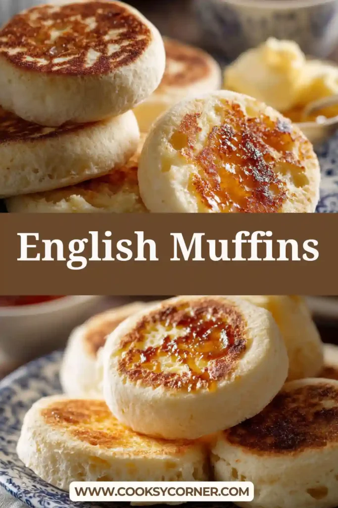 Close-up of golden brown English muffins showing airy nooks and crannies texture. Perfect breakfast bread made from scratch.