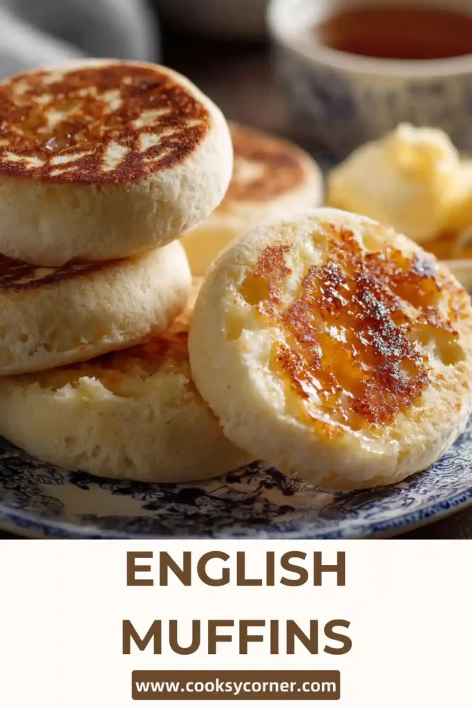 Fresh homemade English muffins dusted with cornmeal and stacked on a wooden board. Soft, fluffy interior visible after splitting with a fork.