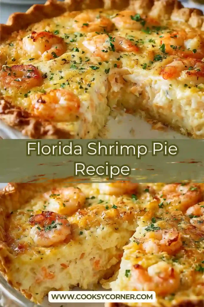 Slice of Florida shrimp pie with cheese and shrimp pieces.