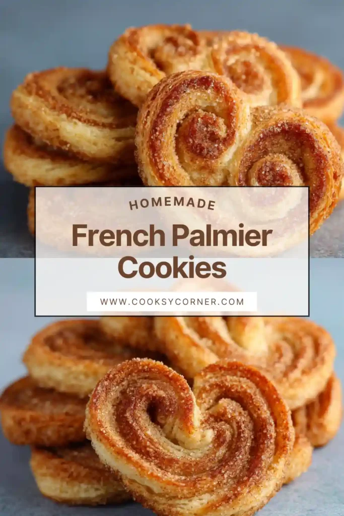 French Palmier Cookies baked golden brown with caramelized cinnamon sugar layers visible in a heart shape. Crispy puff pastry cookies cooling on a wire rack.