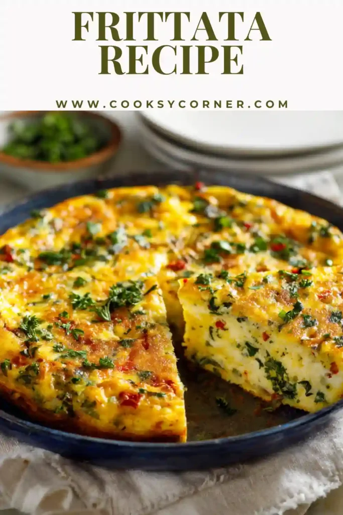Homemade easy frittata sliced and served warm with mushrooms and fresh herbs. Perfect brunch egg recipe.
