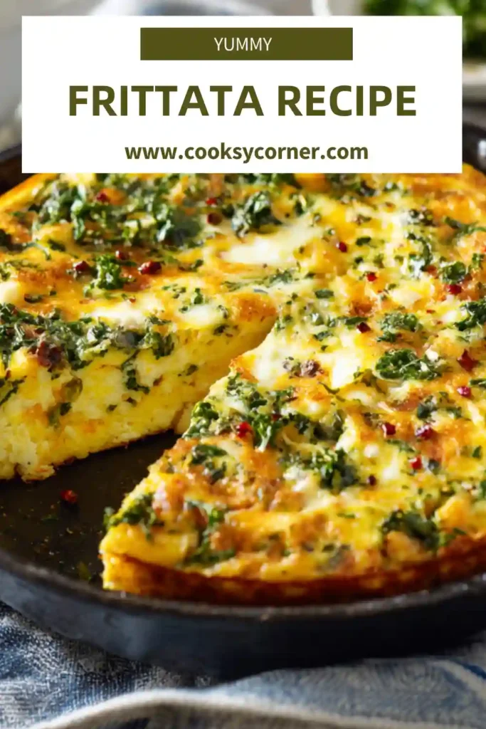 Golden oven baked frittata recipe in a cast iron skillet with broccoli and feta cheese. Fluffy eggs with vibrant green vegetables.