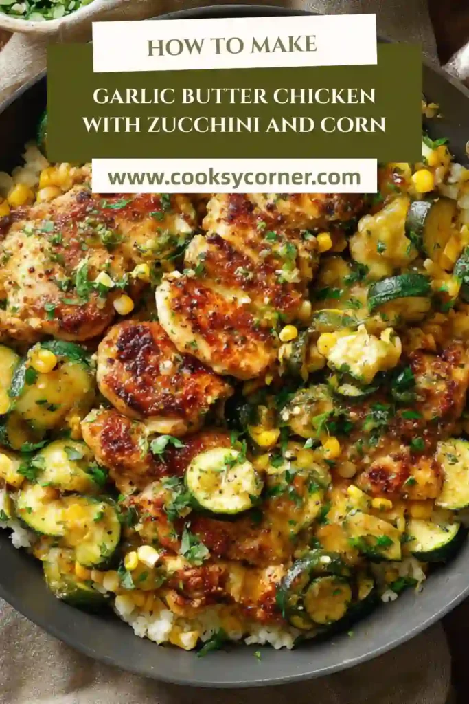 Juicy chicken strips coated in garlic butter with sliced zucchini and sweet corn kernels.