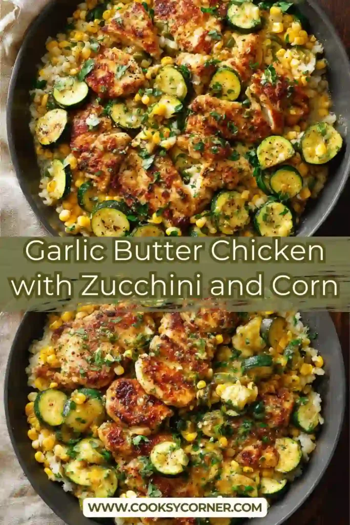 Garlic Butter Chicken with Zucchini and Corn cooked in a cast iron skillet with fresh cilantro garnish.