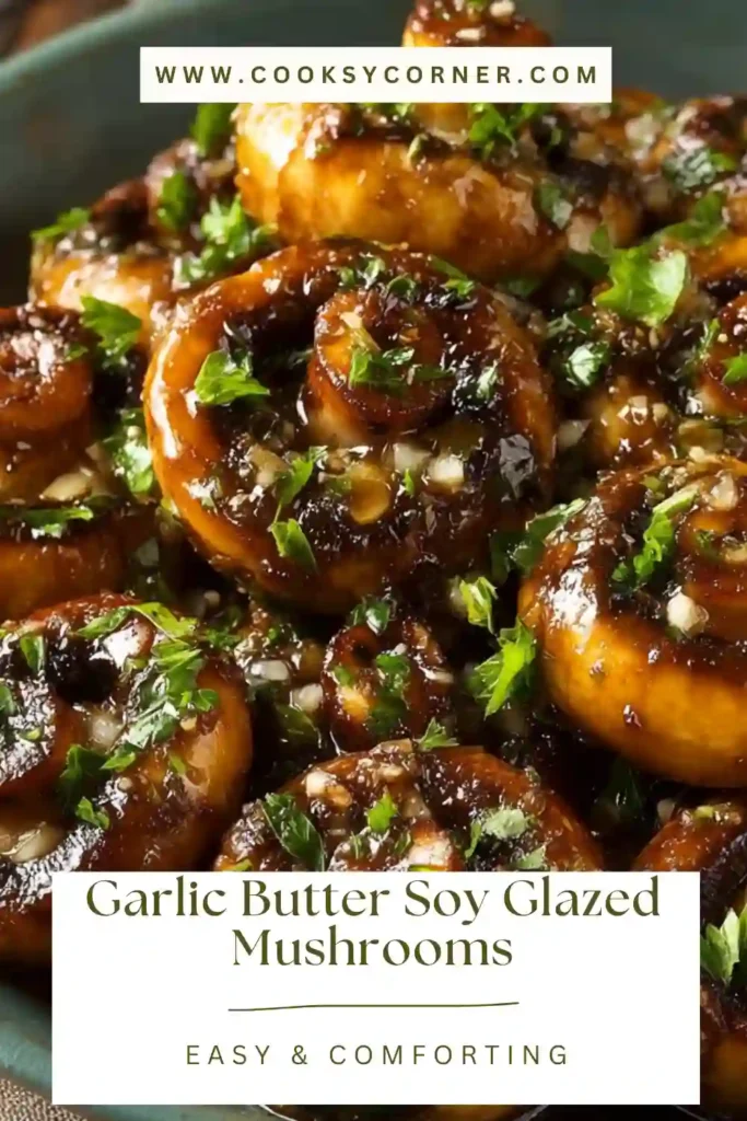 Garlic butter soy-glazed mushrooms sautéed until golden brown in a skillet with rich umami glaze. This easy mushroom side dish is vegetarian and gluten-free.