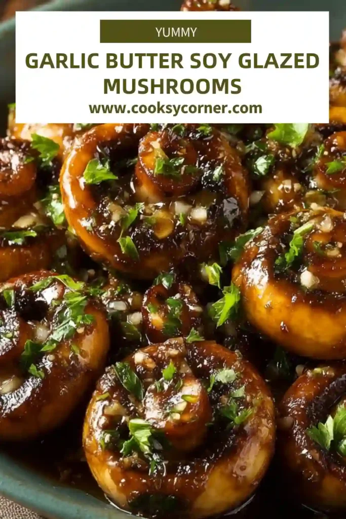 Close-up of garlic butter soy-glazed mushrooms caramelized and glossy with tamari sauce. A quick and flavorful mushroom recipe.