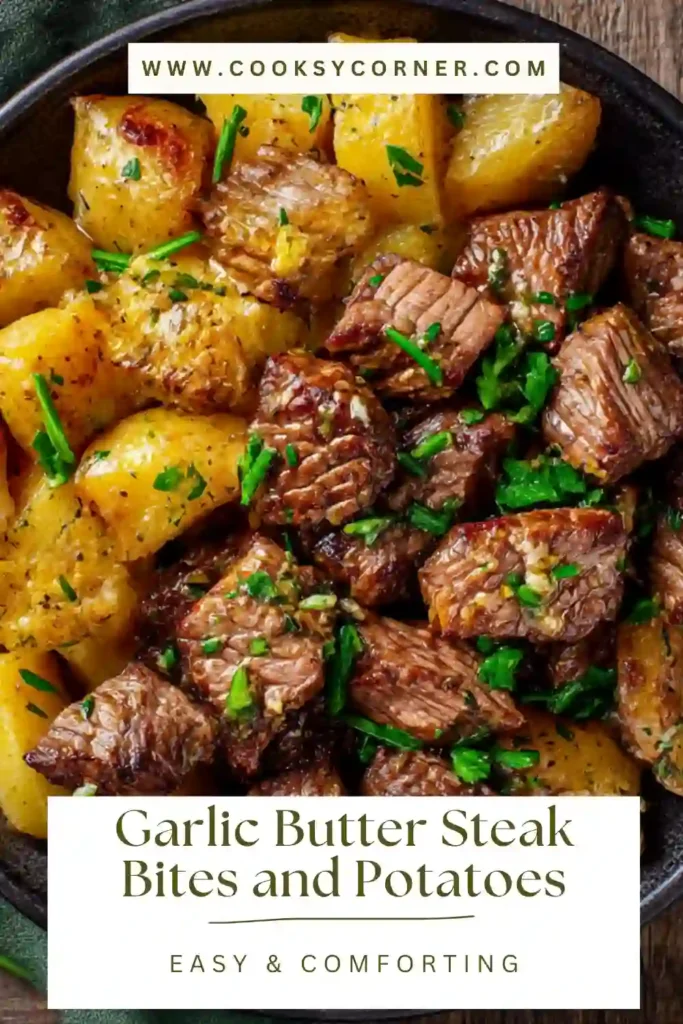 Sirloin steak bites and Yukon Gold potatoes cooking together in a skillet.